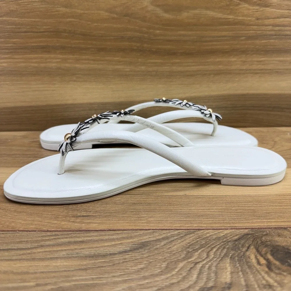 Tory Burch Flower Applique Flip Flops Womens 7 Cream White Leather Thong Preppy